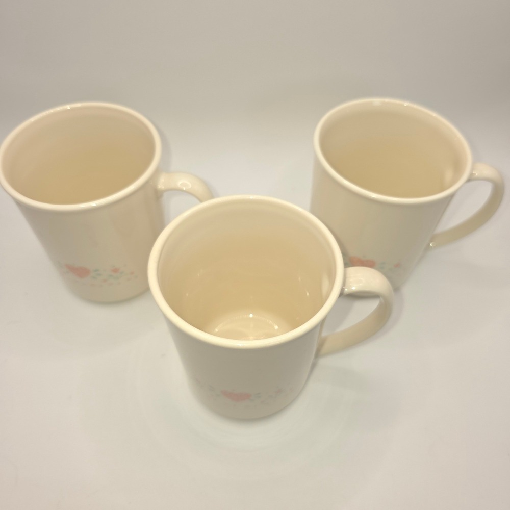 Corning USA Cream Stoneware Coffee Mugs Set of 3 Pink‎ Heart Floral Pattern - Picture 2 of 3